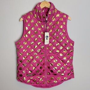 SIMPLY SOUTHERN Puffer Vest Elephant Print Preppy Colligiate Large Gold Pink